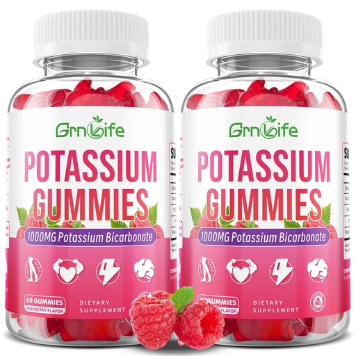 [BRSRG2QNOQNBAF3J] 2 Pack Potassium Gummies 1000mg, Potassium Bicarbonate Supplement for Adults & Kids, Support Electrolyte Balance & Muscle Heath, Sugar-Free, Raspberry Flavor, 120 Count