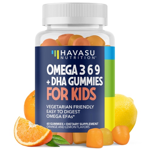 [BRSWYHTQCMNRMALK] Omega 3 6 9 + DHA Gummies for Kids - Vegetarian, Plant-Based Fish Oil with DHA and EPA for Children 2+ to Support Body and Brain Development - No Fishy Taste - Lemon and Orange Flavors - 60 Count