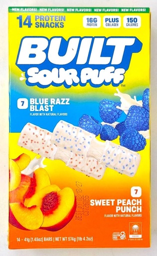 [BRSRYZD5BYDWEFD6] 14 Protein Bars. Sour Puff. 7 Blue Razz Blast. 7 Sweet Peach Punch. (1.45 oz per bar, 20.2 oz total)