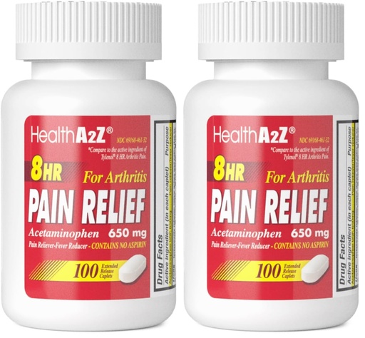 [BRSRGFIFCJ7GAYAY] HealthA2Z® Pain Relief Extended Release | Acetaminophen 650mg | 8 Hours | Arthiritis Pain | Pain Reliever - Fever Reducer | Contains no Aspirin (100 Count) (Pack of 2)