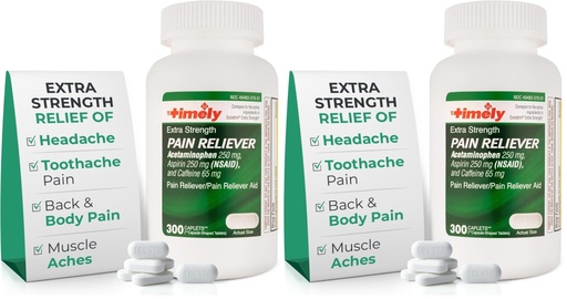 [BRSRY2T4O4HGCEYY] TIME-Cap Labs Extra Strength Acetaminophen 250mg with Aspirin 250mg & Caffeine 65mg Caplets - Pain Reliever/Fever Reducer for Headache Relief, Muscle Aches & Body Pain (300 Count) (Pack of 2)