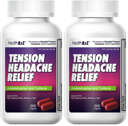 [BRSREAACBVYBGYLG] HealthA2Z® Tension Headache Relief | Acetaminophen 500mg | Caffeine 65mg | Pain Reliever Aid | Aspirin Free (200 caplets (Pack of 2))