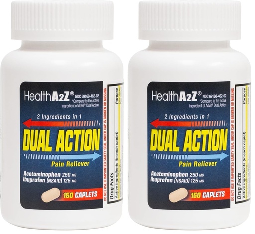 [BRSREAAFOYNRGAIZ] HealthA2Z® Dual Action Pain Relief | Acetaminophen 250mg & Ibuprofen (NSAID) 125mg | Contains Two Medicines | Relief from Headache, Fever & Backache (150 Caplets) (Pack of 2)