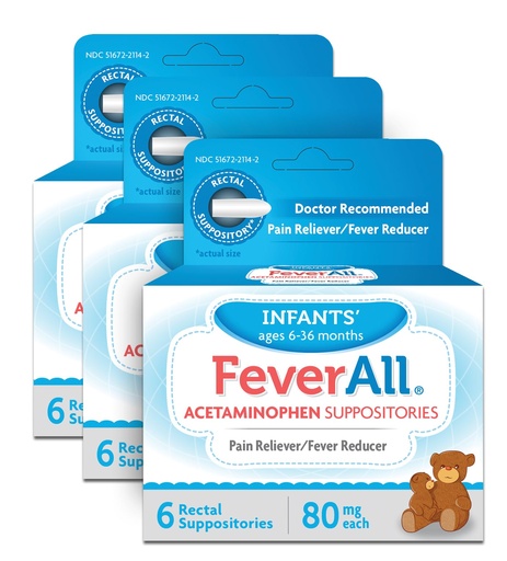 [BRSWKGYIBJ5QYHDI] Feverall Infant Acetaminophen Suppositories 6 Rectal Suppositories 80mg Each Pain Reliever/Fever Reducer. Paraben Free, No Artificial Colors or Other preservatives. Ages 6-36 Months (Pack of 3)