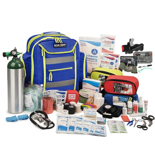 [BRSRO2QEBAFAIADJ] Scherber Fully-Stocked Premium First Responder Backpack | EMT/EMS Medic Trauma, Bleeding & Oxygen Medical Kit | CAT Tourniquet, QuikClot 4x4, HyFin Chest Seal & 250+ First Aid Supplies - Blue