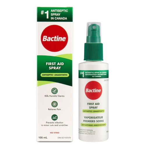 [BRSWKGD6OQCRAHLI] Bactine First Aid Spray, Pain Relief and Itch Relief, Antiseptic, Anesthetic and No Sting Formula, 105 mL