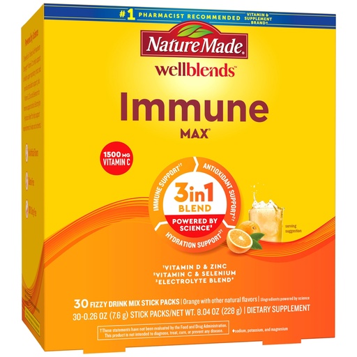 [BRSW2AIYDN5G23DA] Nature Made Wellblends ImmuneMAX Fizzy Drink Mix, Vitamin C 2000mg with Zinc 20 mg, Vitamin D3 1000 IU (25 mcg), plus Seven B Vitamins and Electrolyte Hydration Blend, 30 Stick Packs