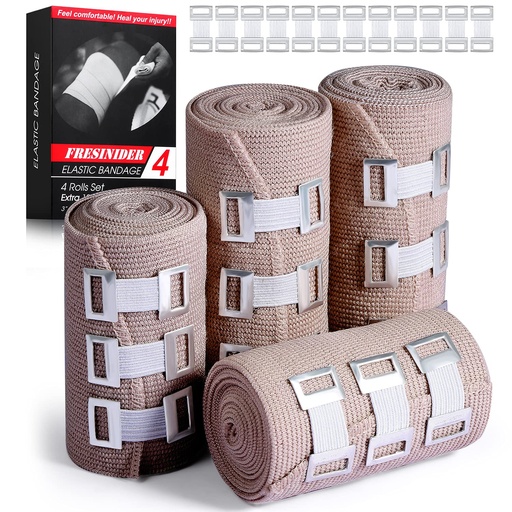 [BRSWYAT4AANAG2A3] FRESINIDER Elastic Bandage Wrap 4 Pack(2 X 3" + 2 X 4" Wide Rolls) + 24 Clips | Stretch Compression Bandage Stretches up to 15ft | Ideal for Medical, Sports, Sprains, Calf, Ankle & Foot