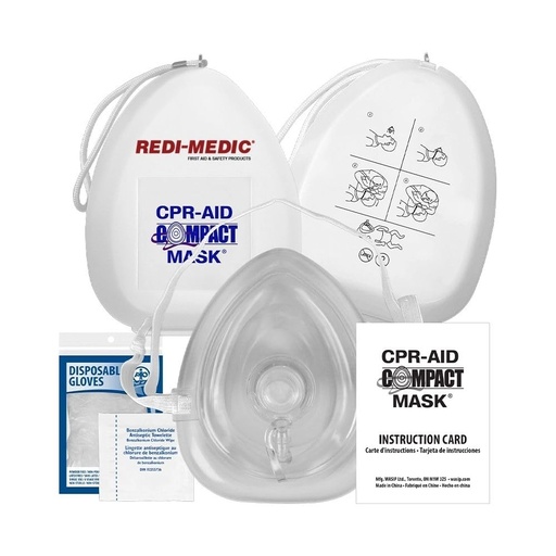 [BRSRYY32OQIWCG3D] Emergency First Aid Adult Mask Kit w/O2 Inlet, Case, Disposable Gloves, Wipes, Bilingual Instructions. Made in Canada.