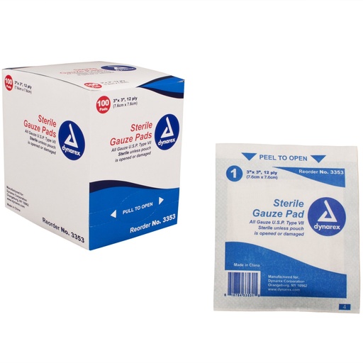 [BRSWGFTYA4IRQAAZ] Dynarex Sterile Gauze Pads 3"x3". Box of 100.