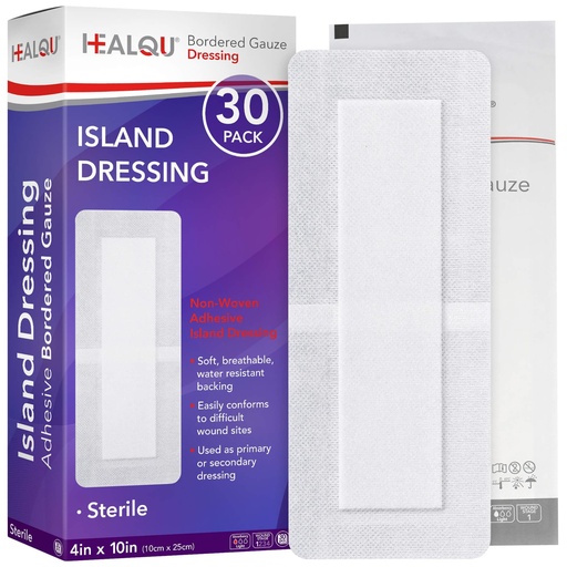 [BRSRAGDYCMFQY3DV] HEALQU Island Dressing - 4"x10", 30 Count - Bordered Gauze Sterile Individually Wrapped Gauze Pads, Water-Resistant, Non-Woven Backing - Soft and Breathable Wound Dressing for First Aid and Medical