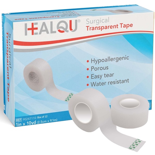 [BRSRMFALCQMGKCTG] HEALQU Surgical Transparent Tape for Wound Care, Tubing, First Aid Supplies - 1" x 10yd Box of 12 Breathable, See Through, Microporous Waterproof Tape with Gentle Adhesion and Easy Monitoring
