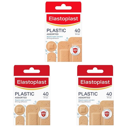 [BRSRGYLRCB6GO33Z] Elastoplast Plastic Water Resistant Plasters - Assorted Sizes (120 Pack) | All-Purpose First Aid Plasters | Protects Against Dirt & Bacteria | Strong Adhesion | Water-Repellent Bandages