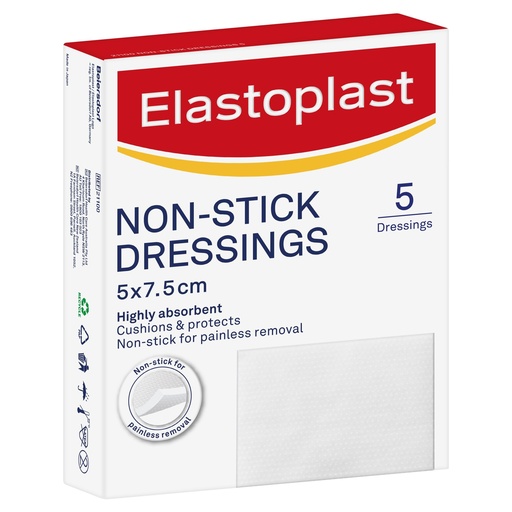 [BRSWGZIKOEBBUCA4] Elastoplast Non-Stick Wound Dressings 5 x 7.5 cm (5 Pack) | Highly Absorbent | Non-Stick Wound Care | Gentle Removal | Double-Sided | Moisture-Wicking Material | Cushions & Protects Wounds
