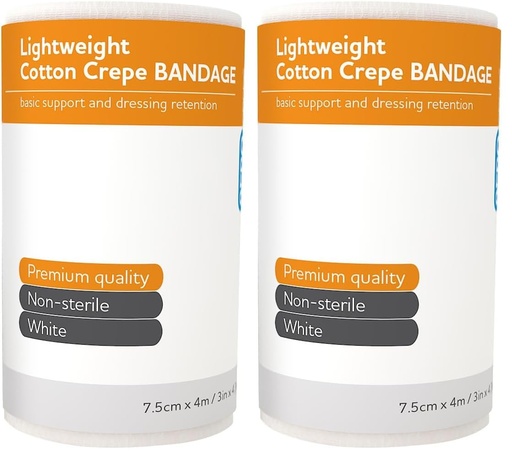 [BRSRG23YDFYQI3YU] AEROCREPE Light Cotton Crepe Bandage for first aid dressing retention and gentle compression, breathable cotton crepe, hypoallergenic and latex free, 7.5 cm x 4 m roll, single unit (Pack of 2)