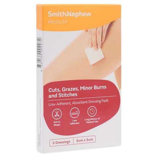 [BRSWGHACPJYAKDT7] Melolin Low Adherent First Aid Cushions Wound Absorbent Dressing, 5 cm x 5 cm Size (Pack of 5)