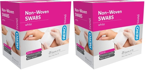 [BRSRG2QTOYCAA2A2] AEROSWAB Sterile White Non-Woven Swab, first aid essentials for wound cleansing and dressing preparation, soft low‑lint absorbent pad for clinical and workplace use, 10 cm x 10 cm, pack of 6