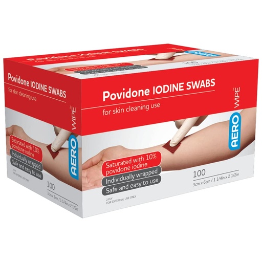 [BRSWYEACOYGWYH3D] AEROWIPE 10% Povidone Iodine Swabs, antiseptic wipes for pre‑procedure skin cleansing, alcohol free, individually wrapped 2 ply pads for consistent coverage, 60 mm x 33 mm, box of 100