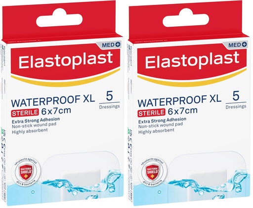 [BRSROCAPOYGRGCTK] Elastoplast Waterproof XL Wound Dressings 6 x 7 cm (10 Pack) | Bacteria Shield to Defend Against Dirt & Infection | Ideal for Outdoor Activities | Transparent Plaster | Strong Adhesive Power