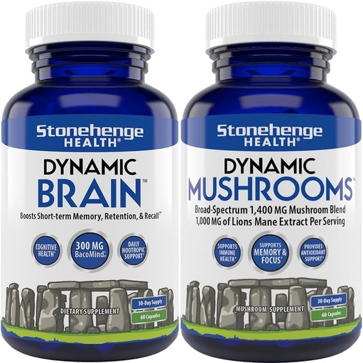 [BRSRAHQEBN4AKF3P] Stonehenge Health Dynamic Brain + Dynamic Mushrooms Bundle Memory Acquisition, Retention, & Recall with 40 Unique Nootropic Brain & Immune System Support