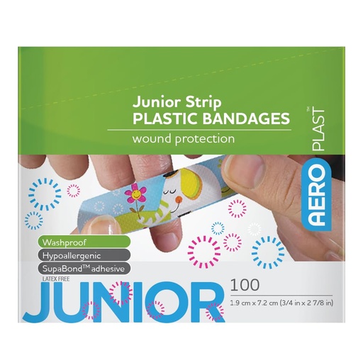 [BRSWIGYOA4BR4E34] AEROPLAST Plastic Strip Bandages with Junior Design Pattern 7.2 x 1.9cm Box of 100