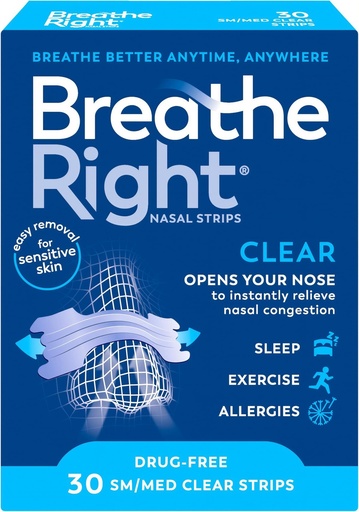 [BRSWGGD4BVYAMA34] Breathe Right Clear Nasal Strips Medium 30 Pack for Sensitive & Dry Skin – Anti Snoring & Nasal Congestion Relief, Blocked Nose Relief, Instant Breathing Support for Sleep & Exercise, Men & Women