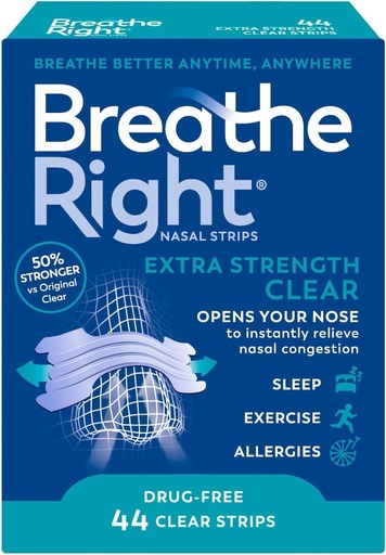 [BRSRMAIHOR7GK3T3] Breathe Right Extra Strength Nasal Strips 44 Pack for Normal & Oily Skin – Anti Snoring & Nasal Congestion Relief, Blocked Nose Relief, Instant Breathing Support for Sleep & Exercise, Men & Women