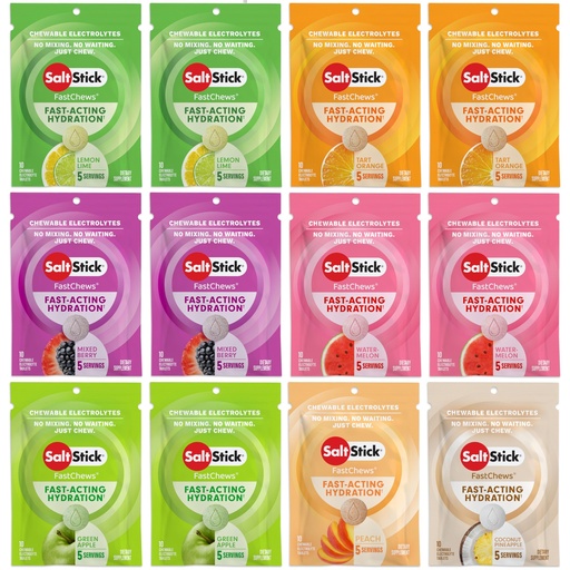[BRSRMALYBYPAOC3X] SaltStick Electrolyte FastChews - 120 Count Variety Pack - Chewable Electrolyte Tablets for Hydration, Salt Tabs - 10 Count (Pack of 12)