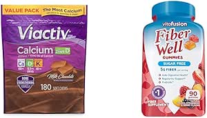 [BRSROCQPPMMWEAA3] Viactiv Calcium Plus Vitamin D Supplement Soft Chews, Brown, Milk Chocolate, 180 Count & Vitafusion Fiber Well Sugar Free Fiber Supplement, Peach, Strawberry and BlackBerry Flavored