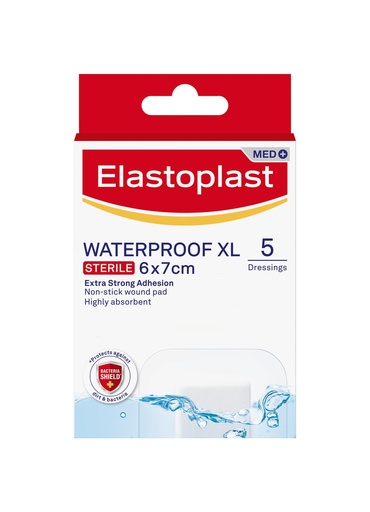 [BRSWYBAZOIFAACDL] Elastoplast Waterproof XL Med+ Dressings (5 Pieces), Pack of First Aid Plasters, Large Plasters for Post-Operative Wounds, Waterproof Sterile Dressing for Wounds, 0% Latex, Flexible Material, Clear