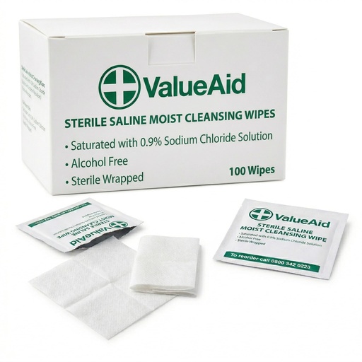 [BRSRGBQHOENQEGQ3] Value Aid Sterile Saline Moist Cleansing Wipes Box of 100 - Alcohol Free 0.9% Sodium Chloride Skin Cleaning Wipes - Individually Wrapped First Aid Wipes 80 x 80mm Sachets