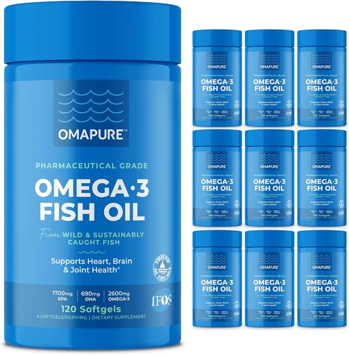 [BRSWKH3YOUHACF3X] OMAPURE 野生捕捉Omega-3 配高EPA & DHA(10瓶,120软胶) - Burpless公式支持心脏和联合健康,促进大脑功能