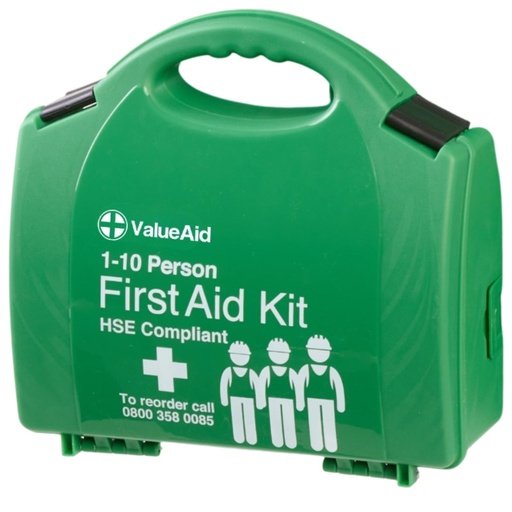 [BRSWGGL6B54AO3I7] Value Aid HSE Compliant First Aid Kit for Workplace, Home & Car - CE Marked Contents, Double-Clasp Case with Handle - Complete Set for 1-10 People Includes Plasters, Bandages & Medical Supplies