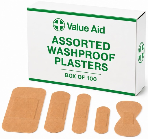 [BRSWGGL6BYJRUGQ4] Value Aid Assorted Washproof Plasters - Pack of 100 Individually Wrapped Hypoallergenic, Latex-Free Adhesive - 5 Popular Sizes for First Aid Kit & On-The-Go Medical Supplies