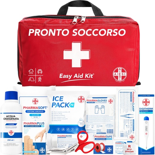 [BRSWGFQBBYPQGF37] AIESI® Professional First Aid Kit with Thermometer and Disinfectant for Car Home Travel Boat Motorcycle Trekking Easy AID KIT, Complete Emergency Bag for Dressing, Made in Italy