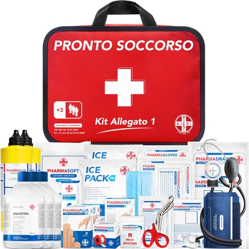 [BRSRAEA7CICQ42YZ] AIESI® Medical First Aid Box (Bag) Attachment 1 with Blood Pressure Monitor for Companies Plus 3 Employees, DM388/DL81 Compliant, Made in Italy