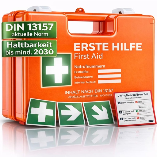 [BRSREYD3PIAWGDTZ] First Aid Case in accordance with Current Safety Standard 2026 [DIN 13157:2021] | with Wall Mount, 5 Stickers and Seals - First Aid System for Gatronomy, Office, Home