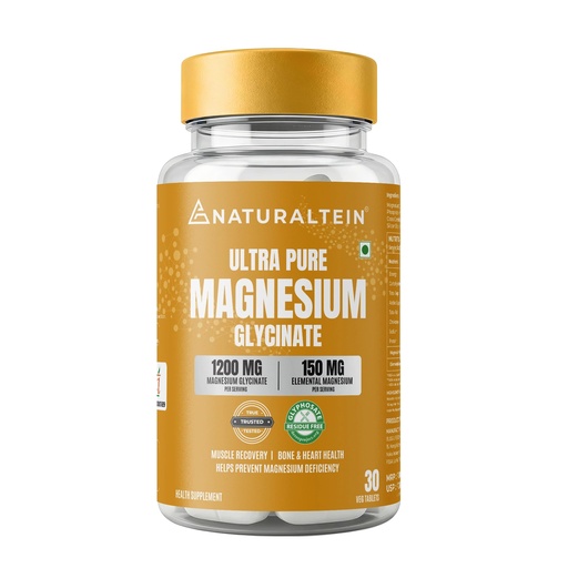 [BRSRGZYRDIDRAHTB] Naturaltein Magnesium Glycinate 1200mg (150mg Elemental) | Chelated High Absorption Magnesium | Supports Sleep Quality & Normal Muscle Function | Glyphosate Tested | 30 Tablets