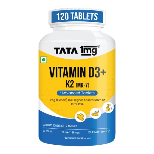 [BRSREFA2CV6QKYDA] Tata 1mg Vitamin D3 + K2 (MK-7) | Supports Stronger Bones, Immunity & Calcium Absorption | 600 IU Vitamin D3 + 55 mcg K2 | Lichen Sourced, 100% Veg (120 Tablets)