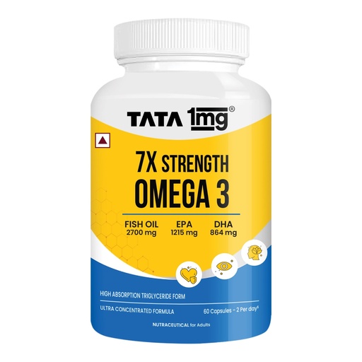 [BRSRGYAQOUPQYDI7] Tata 1mg 7X Strength Omega 3 Fish Oil 2700 mg | High Absorption Triglyceride Form | 1215 mg EPA + 864 mg DHA | With Vitamin E | Heart, Brain, Joint & Eye Health | 60 Softgel Capsules