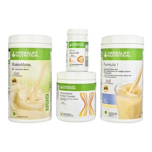[BRSRM2QTDIIQEETF] HERBALIFE Formula 1 Shake Kulfi Flavor 500g, Protein 200g, Afresh Peach 50g, Shakemate Nutrition Drink 500g (Pack of 4)