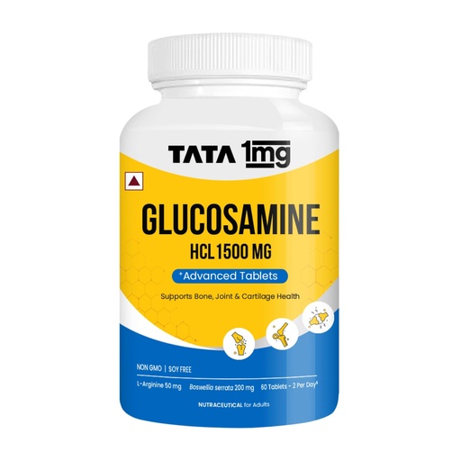 [BRSRMZTQDJ6AG2T7] 1MG TATA Glucosamine HCL 1500Mg Tablets With Collagen, Boswellia, Rosehip & Arginine - 60 Tablets | For Joint Support & Knee Pain | Supplement For Men & Women | Non-GMO & Soy-Free