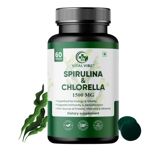 [BRSRGAQLO4FQMCLL] Spirulina & Chlorella1500 mg Tablets | Natural Detox & Immunity Booster | Plant-Based Superfood Supplement | Rich in Protein & Antioxidants | 60 Veg Tablets
