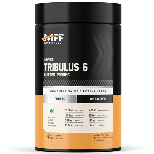 [BRSW2YDYDECAK2TJ] MyFitFuel Tribulus Terrestris +6 Herbs (2000mg) (120 Tablets) (Gokshura 50% Saponins, Ginseng, Kaunj, Safed Musli, Ashwagandha, Guduchi & Piperine 95%) For Performance, Muscle & Energy