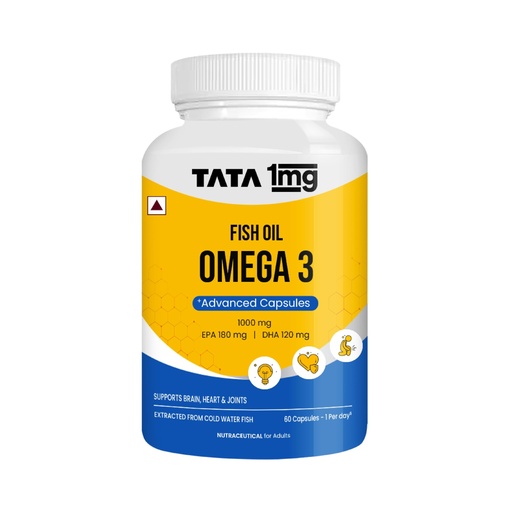 [BRSROHYRCEMQGCTK] Tata 1mg Fish Oil Capsules with EPA (180mg) & DHA(120mg) for Hearth and Bone Health Skin & Hair Health, For Men/Women, No Fishy Burps,Non-GMO(Pack of 60)…