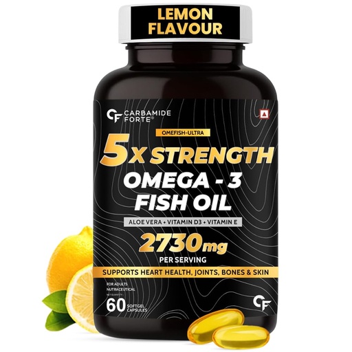 [BRSREZQNBMCRYYA2] Carbamide Forte 5X Strength Omega 3 Fish Oil Capsules 2730mg | Fish Oil Omega 3 Supplement To Support Overall Health & Skin With Added Aloevera, Vitamin D3, Vitamin E For Men & Women - 60 Softgels