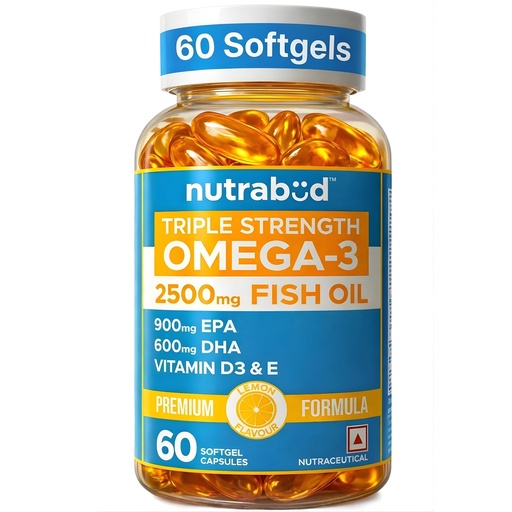 [BRSRGFTYCMNWMGQ3] Nutrabud Omega 3 Fish Oil Capsules Triple Strength Supplement 2500mg - 900mg EPA 600mg DHA/serving - With Vitamin D & E - Lemon Flavour (60 Count (Pack of 1), Lemon)