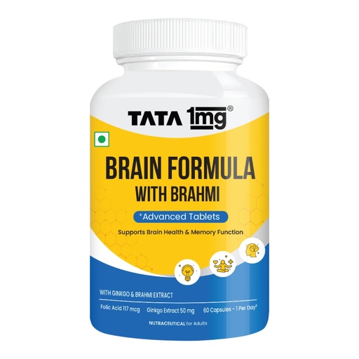 [BRSRMADYAQHRMGT6] TATA 1MG Brain Formula With Vitamin B Complex, L-Tyrosine, L-Theanine, Brahmi, Ginkgo And Pine Bark Extract Capsule Helps In Improving Memory And Concentration For Unisex (Pack Of 60 Capsules)