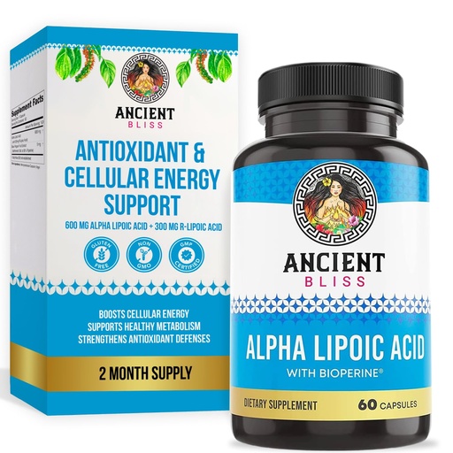 [BRSRMBQHDEBBG3LJ] Ancient Bliss Alpha Lipoic Acid Supplement, Antioxidant and Energy Support, ALA Supplement with Bioperine, No Gluten and Soy, 600mg per Serving, 60 Vegan Capsules