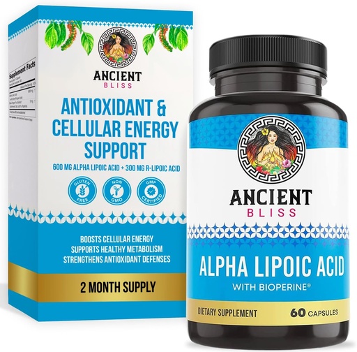 [BRSRMBQHDEBBG3LJ] Ancient Bliss Alpha Lipoic Acid Supplement, Antioxidantti ja Energy Support, ALA Supplement with Bioperine, No Gluten and Soy, 600mg per Serving, 60 Vegaanikapselia